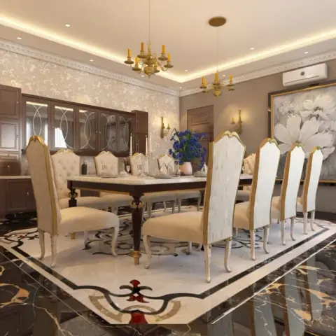 Formal eight-seat dining room where gilt-edged tufted high-back chairs stand on a white marble carpet-inlay panel set into mirror-polished black-and-gold