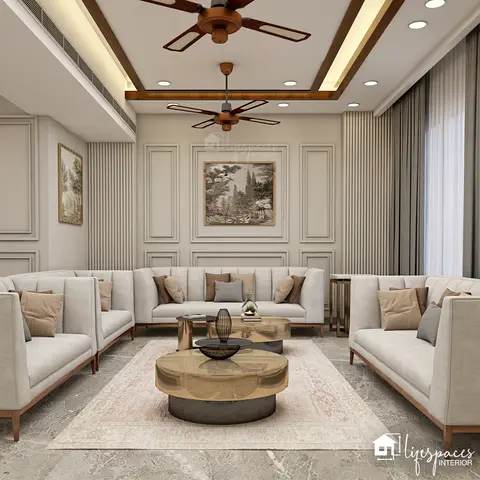 Formal living room render with a U-shaped ivory sofa arrangement, wall-panel moulding framing botanical artwork