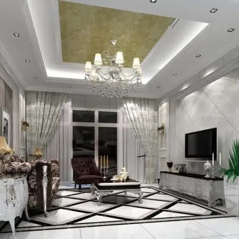 Formal living room with a gold-panelled POP cove ceiling, a crystal chandelier, and a black-and-white geometric marble floor.