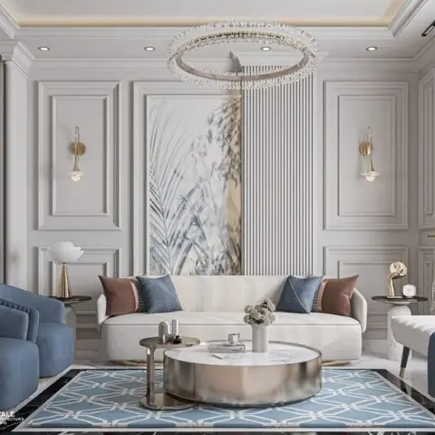 Formal living room with grey wainscoted walls framing a botanical art panel, a crystal ring chandelier, a white sofa with rust and blue cushions