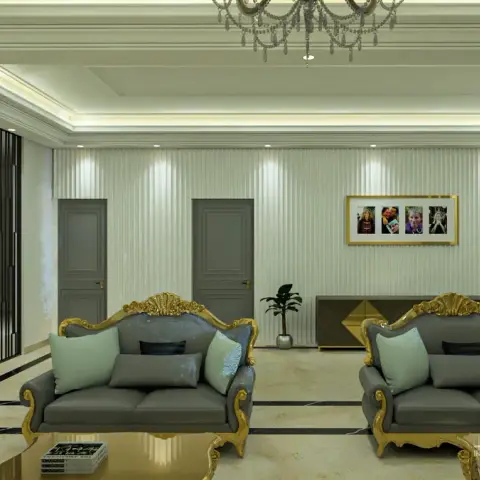 Formal living room with two grey sofas in carved gilt frames facing each other on cream marble with black inlay banding