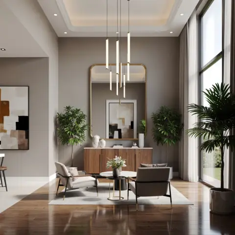 Formal sitting corner with a walnut console under a tall brass-framed mirror, a cluster of brass tube pendants dropping between two armchairs
