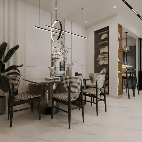 Four black-legged chairs in houndstooth upholstery around a stone-top table on a fluted pedestal, under a black ring-and-bar LED pendant