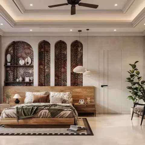 Four tall arched niches papered in a rust-and-teal botanical print, separated by turned-wood spindle columns
