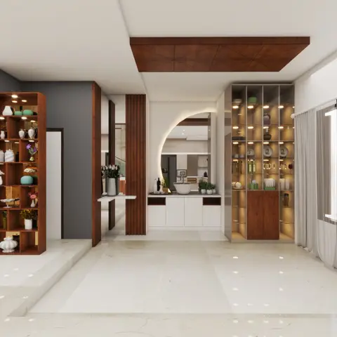 Foyer with open wood-veneer display shelving flanking both sides, fluted wood pillars