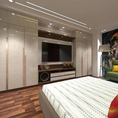 Full-wall gloss cream wardrobe with rose-gold inset handles wrapping a walnut TV console