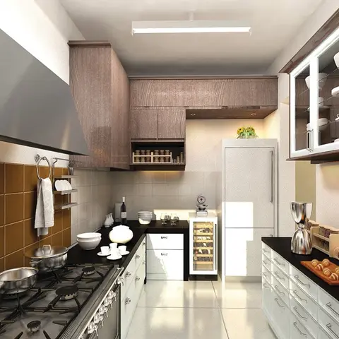 Galley kitchen with white cabinets and black countertops, a mustard tile accent behind the range, and a glass-front display cabinet stocked with dishware