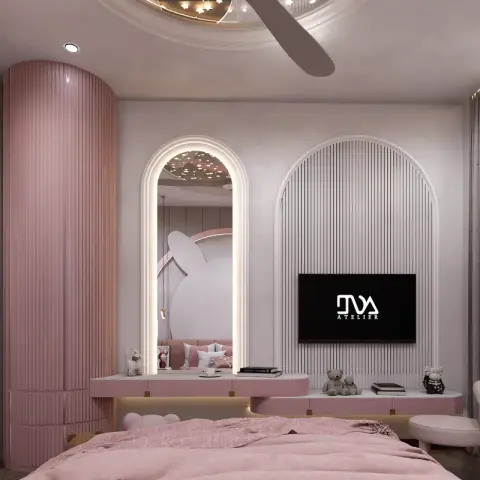 Girl's bedroom render in blush and white with a fluted pink wardrobe curving into the corner, a backlit arched mirror over a floating dresser ledge