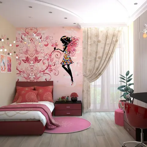 Girls' bedroom with a maroon upholstered bed against a pink fairy-motif wall mural and a round pink rug.