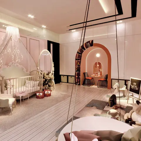 Girls' nursery with a canopied crib and fairy-light drape, an arched terracotta study nook with bookshelf, a swing chair