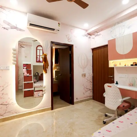 Girls' themed bedroom with hot-air-balloon and cherry-blossom mural wallpaper, a backlit arch mirror, a pink wall-mounted study desk