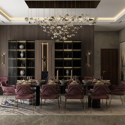 Grand dining room with a ten-seat black marble table, burgundy velvet gold-frame chairs