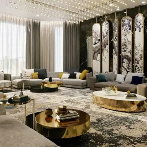 Grand living room with backlit gold-framed cherry-blossom art panels on a black marble wall, a linear crystal chandelier