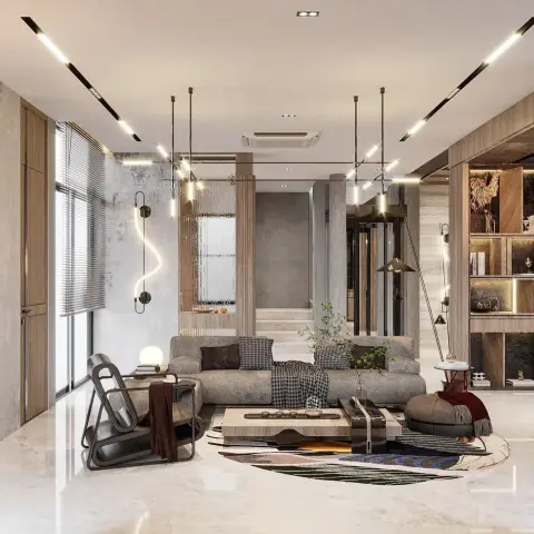 Grey microcement and oak-clad lounge with black recessed track profiles, two multi-arm cluster pendants and a low grey modular sofa on a hand-painted circular