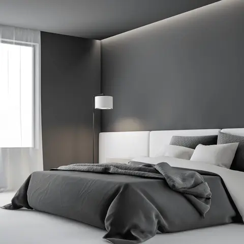 Grey-on-grey bedroom render: a white wall-width upholstered headboard runs into a wooden ledge side table, charcoal bedding