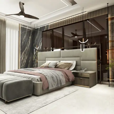 Grey upholstered bedroom render where a wide channel headboard runs under a bronze-tinted mirrored glass panel wall