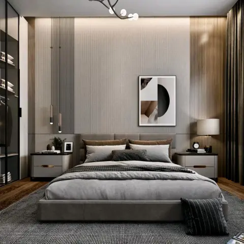 Grey upholstered platform bed with a wide low headboard panel between white lacquer nightstands