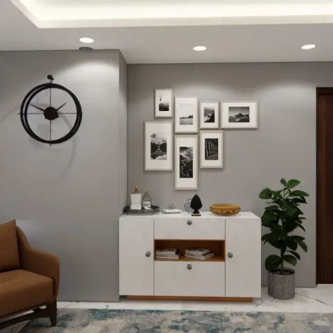 Grey-walled sitting corner render: a tan leather armchair and brass side table by sheer curtains