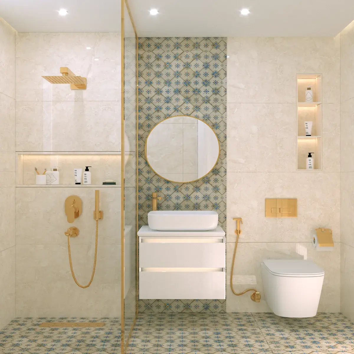 beige luxury bathroom with tiles — real Indian home