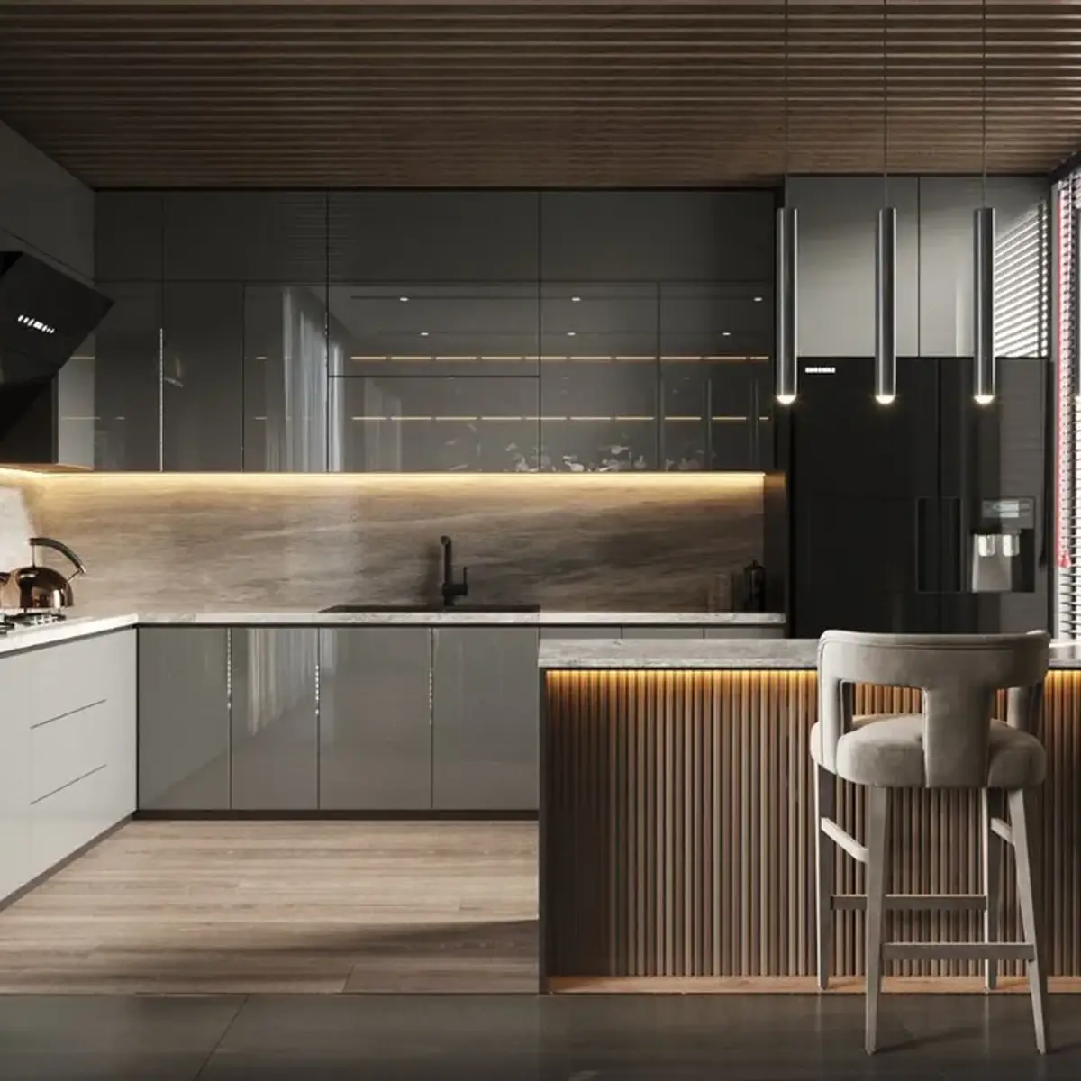 black and white modern minimalist kitchen with layout — real Indian home