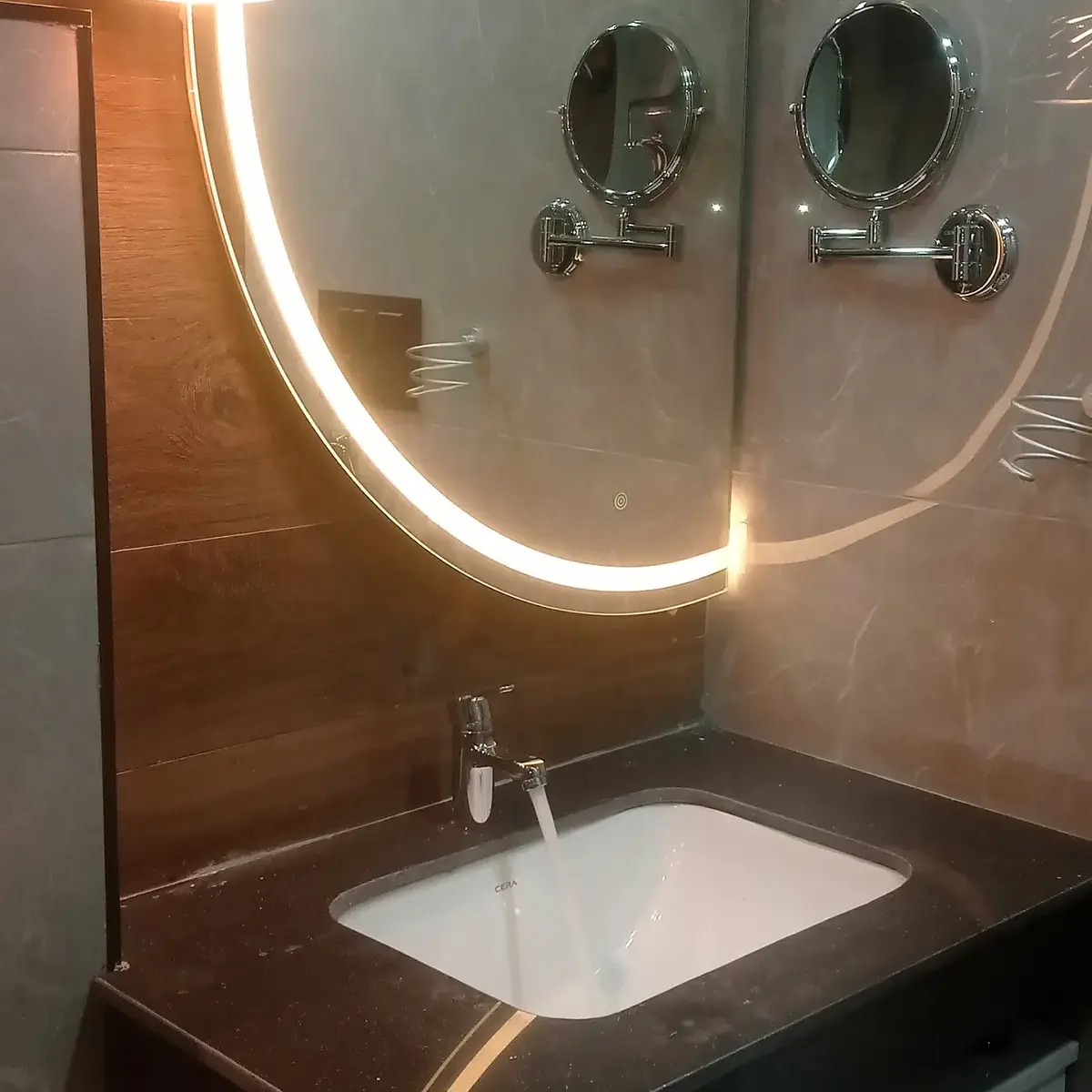 beige modern indian bathroom with vanity — real Indian home