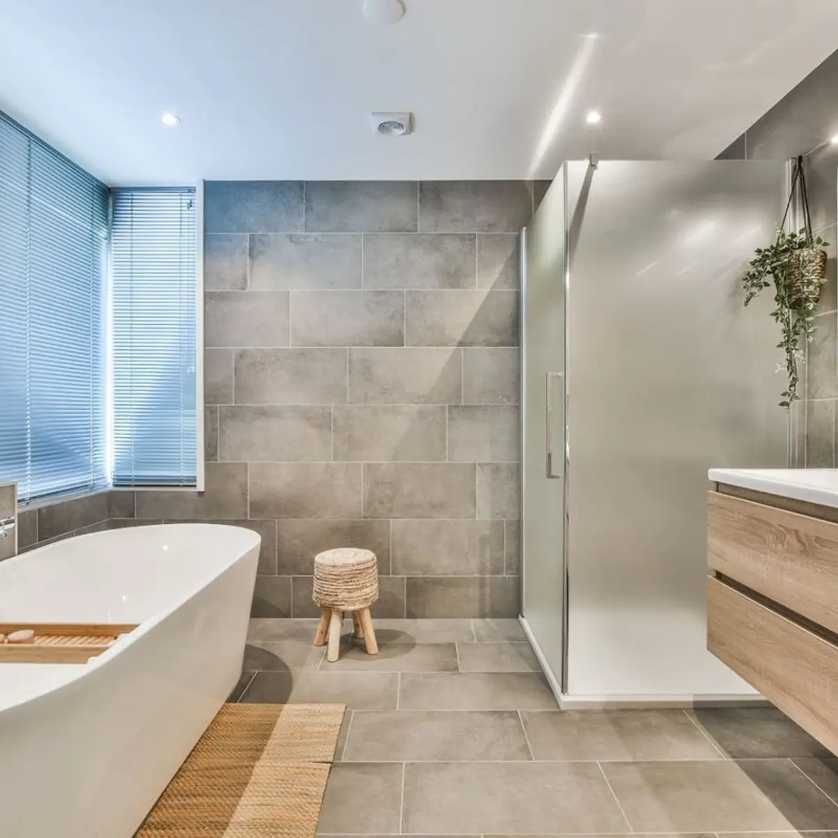 grey scandinavian bathroom with vanity — real Indian home