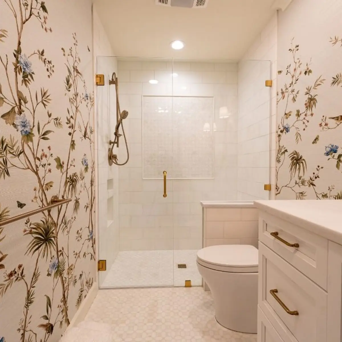 beige traditional bathroom with wallpaper — real Indian home