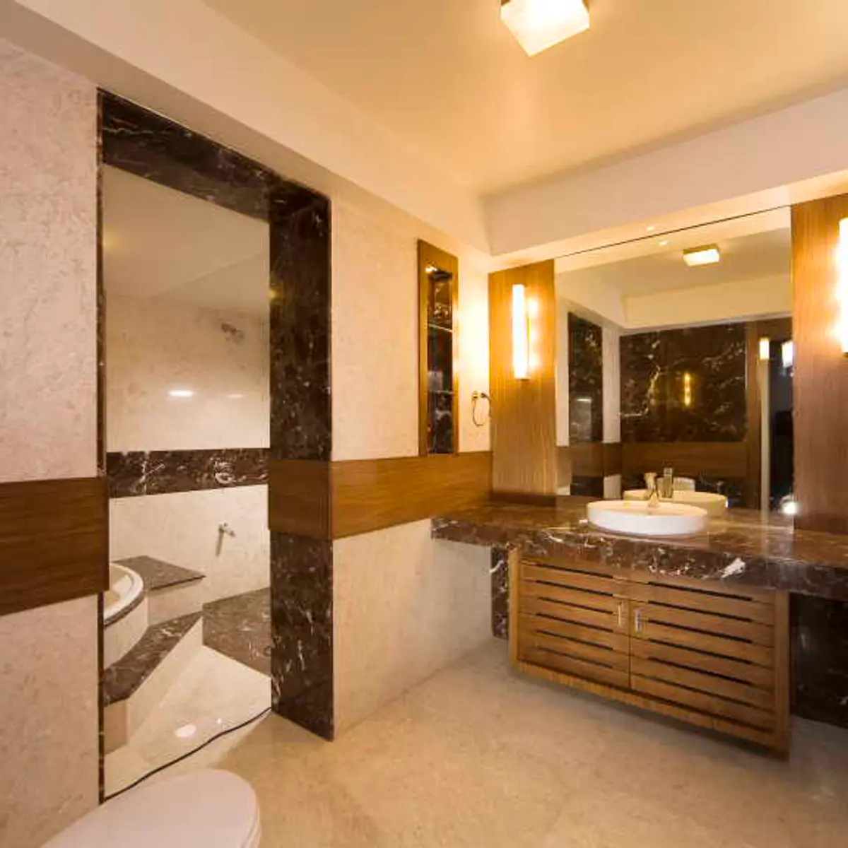 beige traditional bathroom with vanity — real Indian home