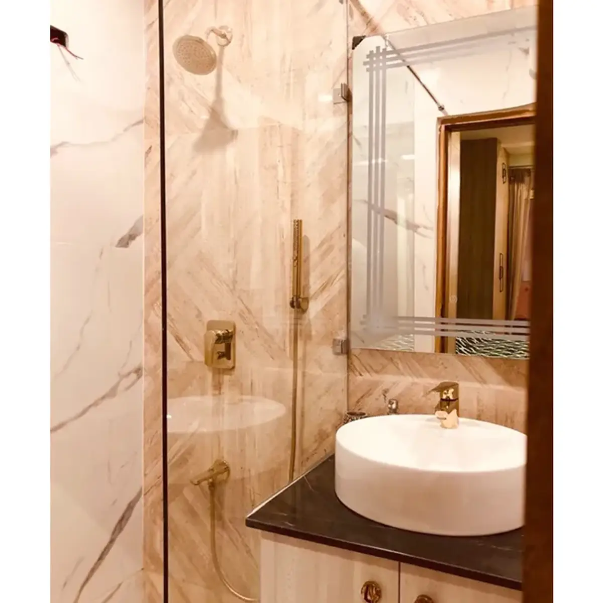 beige modern indian bathroom with tiles — real Indian home