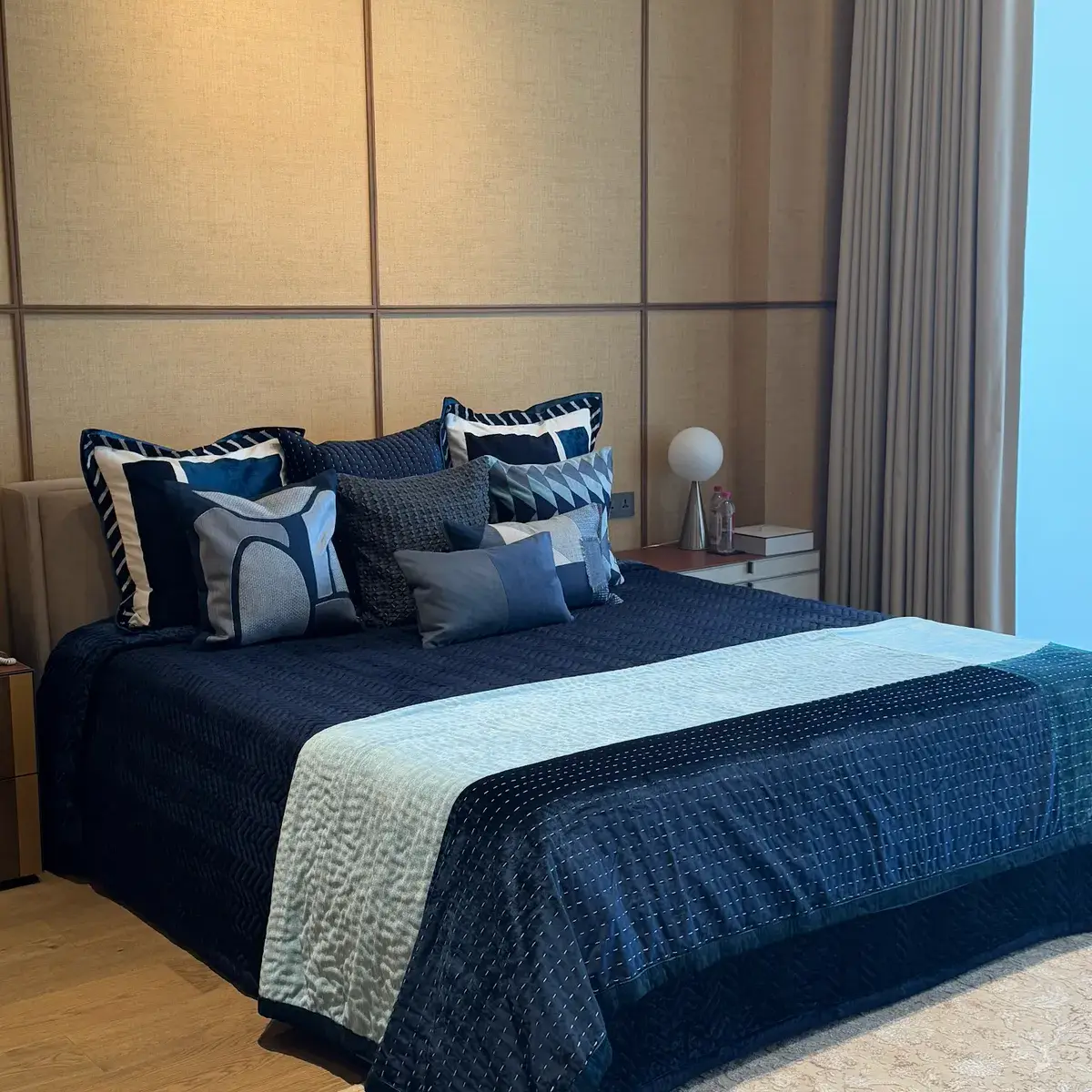 jewel tone modern minimalist master bedroom with panelling — real Indian home