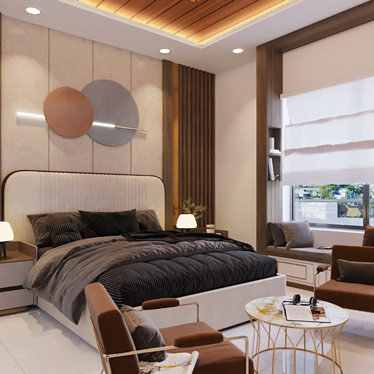 earthy mid century master bedroom with panelling — real Indian home