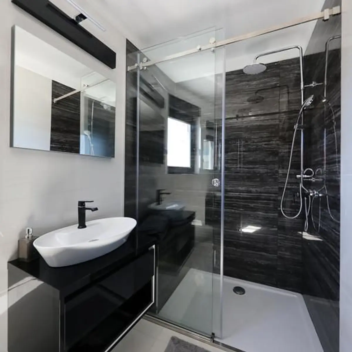 black and white modern minimalist bathroom with vanity — real Indian home