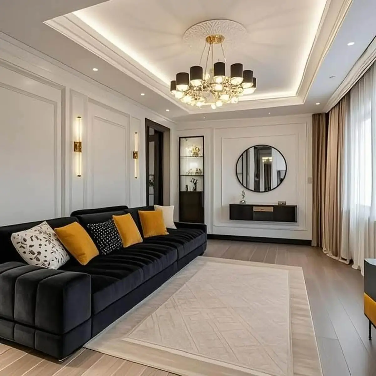 jewel tone luxury living room with cove — real Indian home