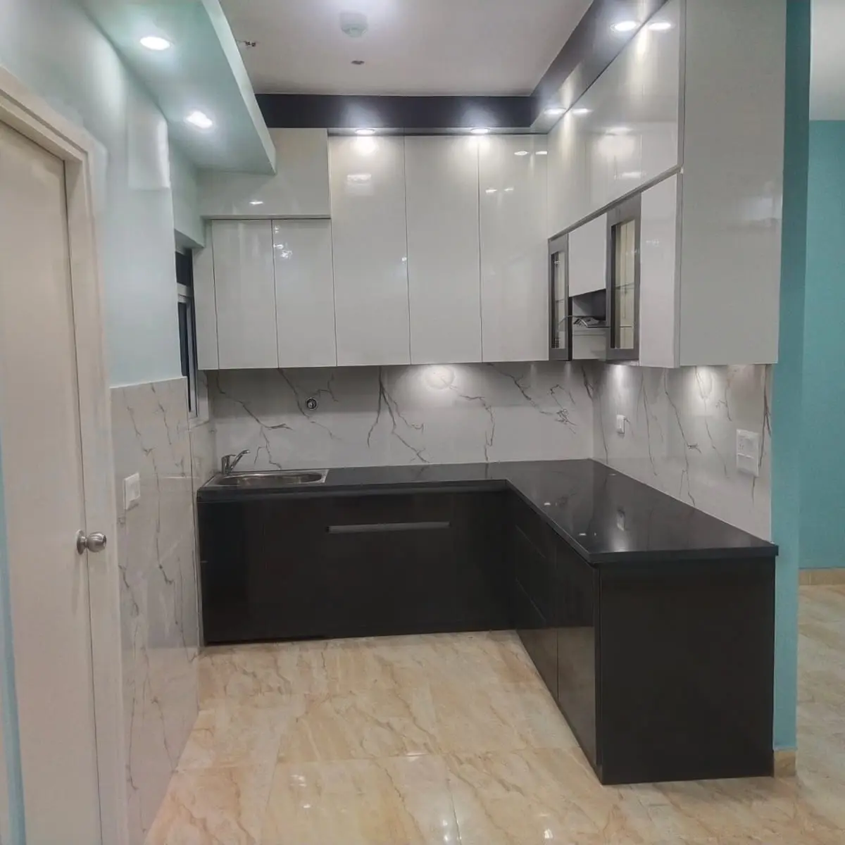 black and white modern indian kitchen with layout — real Indian home