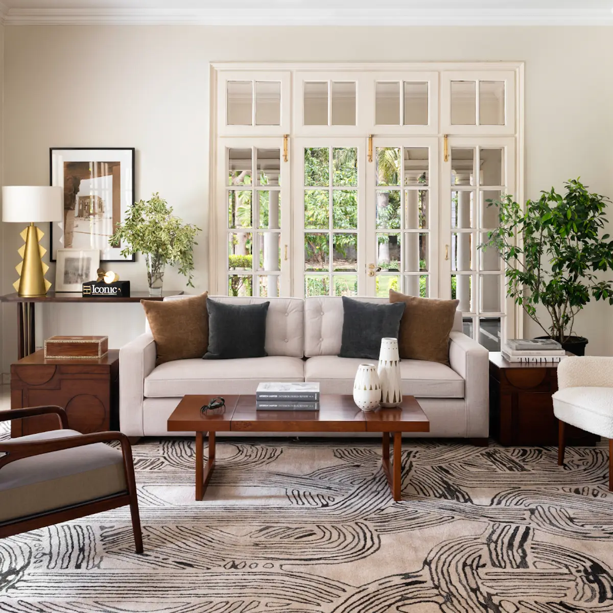 beige mid century living room with seating — real Indian home