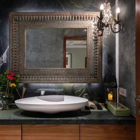 jewel tone modern indian bathroom with vanity — real Indian home