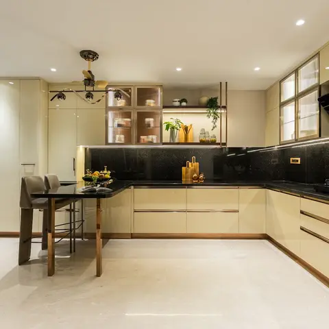bold colour luxury kitchen with shutter — real Indian home