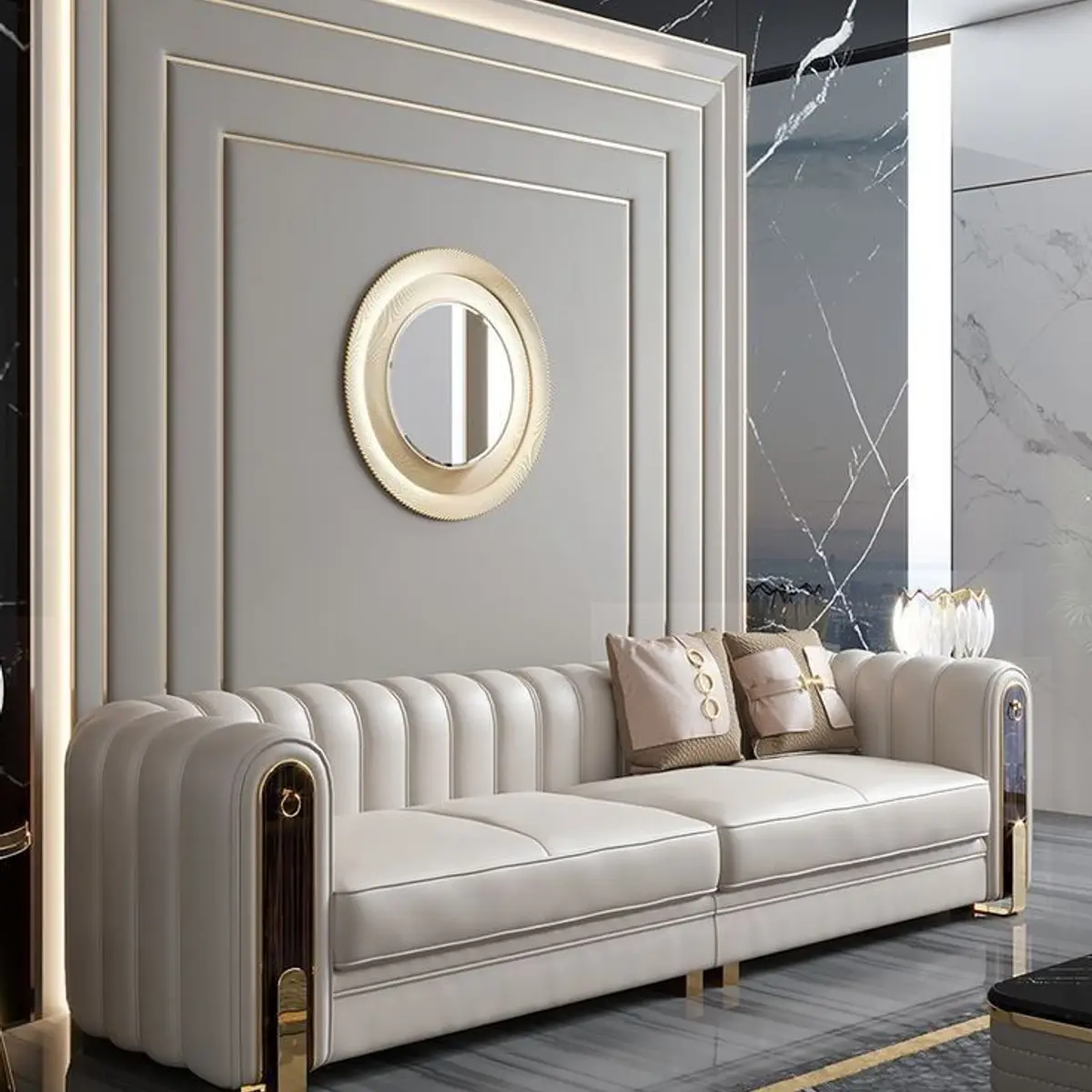 black and white luxury living room with moulding — real Indian home