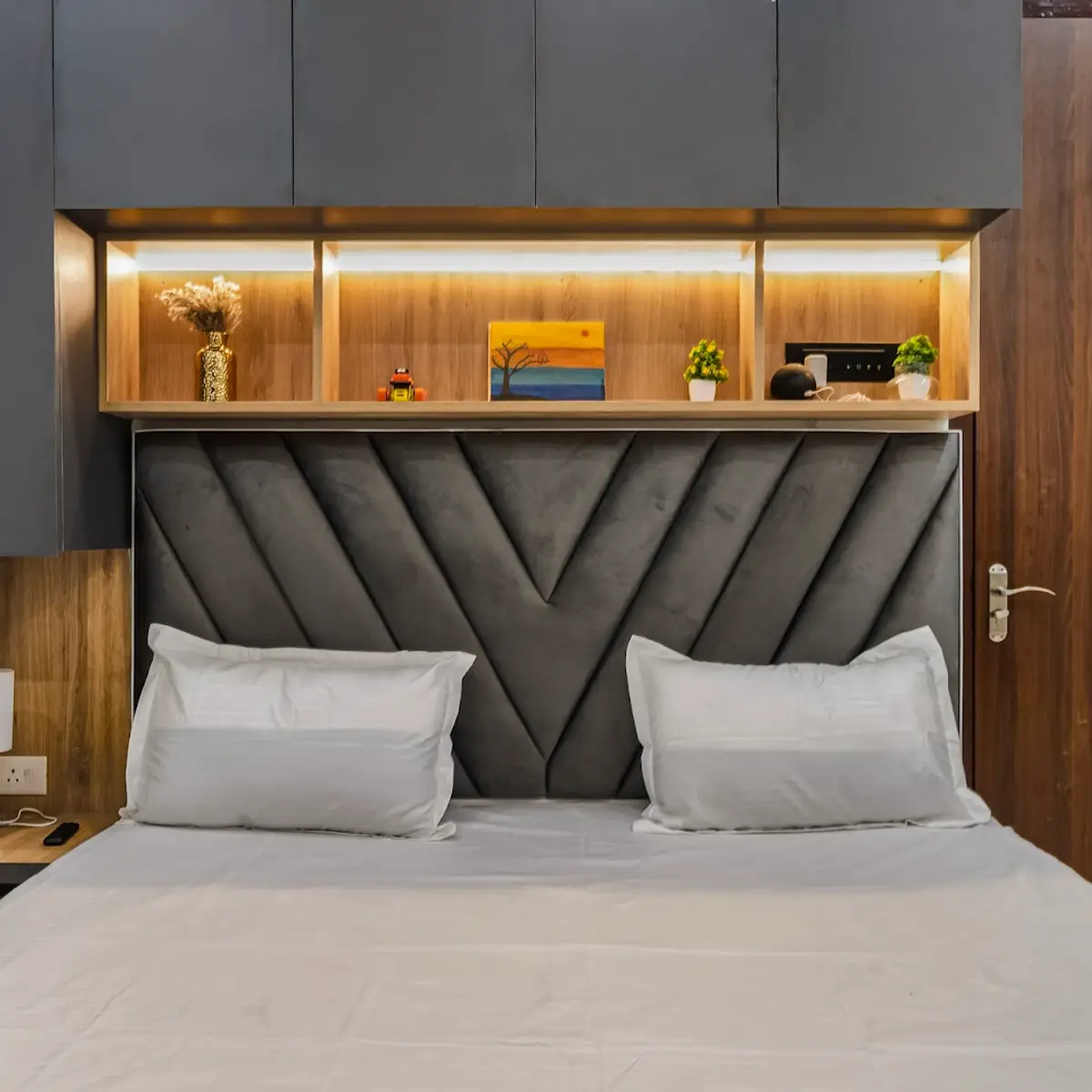 grey modern indian master bedroom with bed — real Indian home