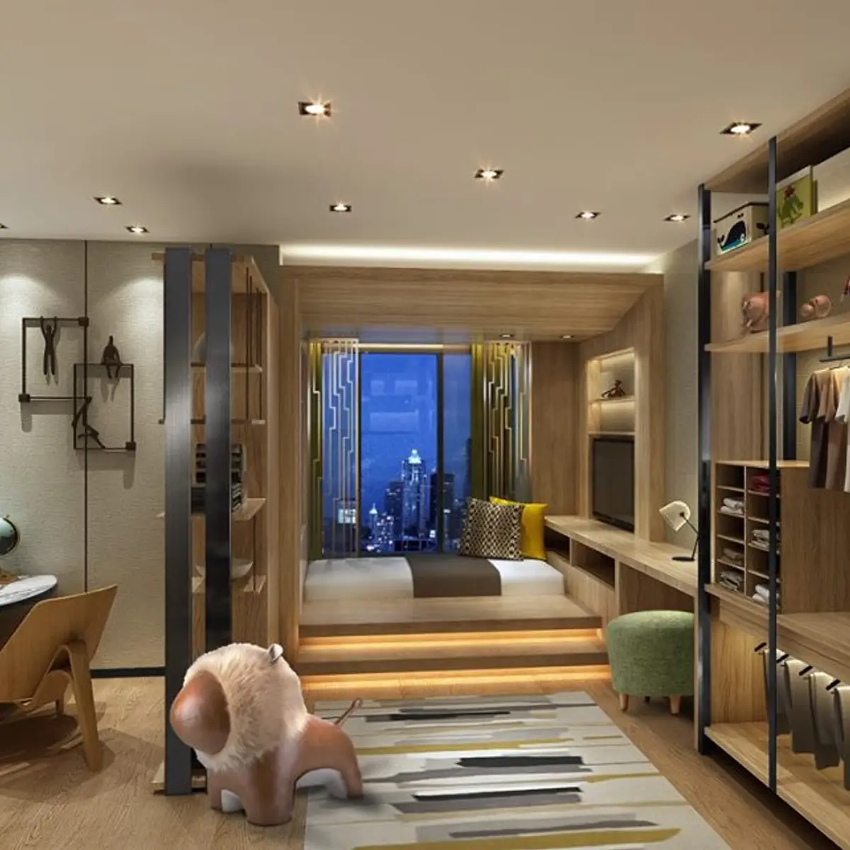 beige modern minimalist kids bedroom with wardrobe — real Indian home