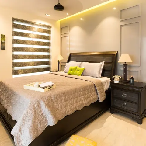 beige traditional master bedroom with bed — real Indian home