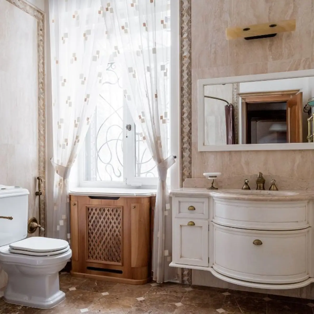 beige traditional bathroom with vanity — real Indian home