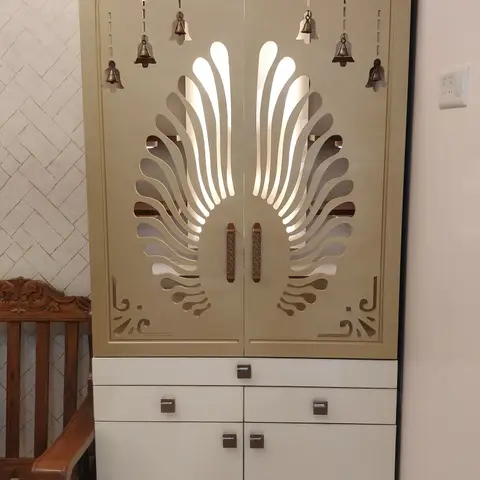 beige traditional pooja room with pooja — real Indian home