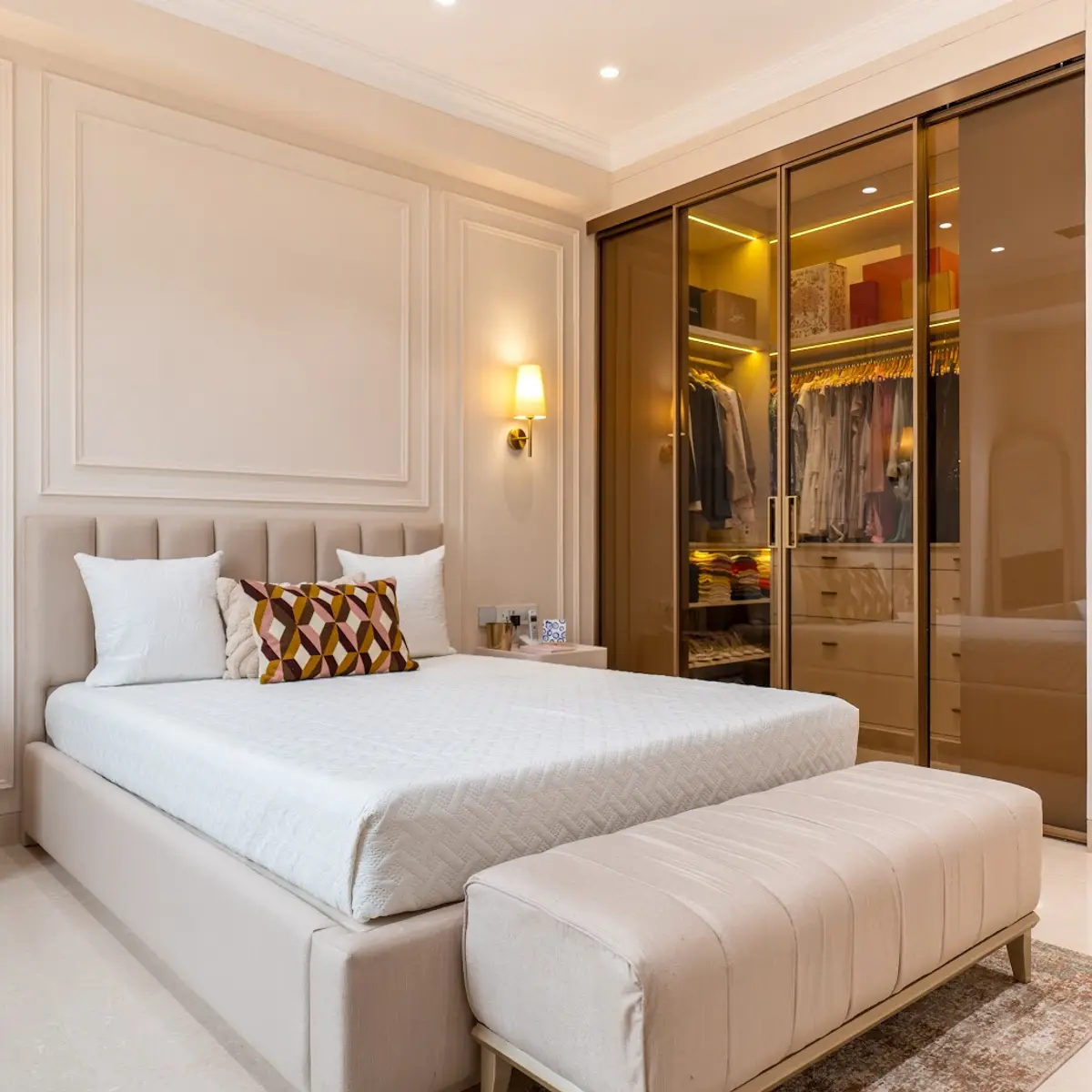 beige traditional master bedroom with moulding — real Indian home