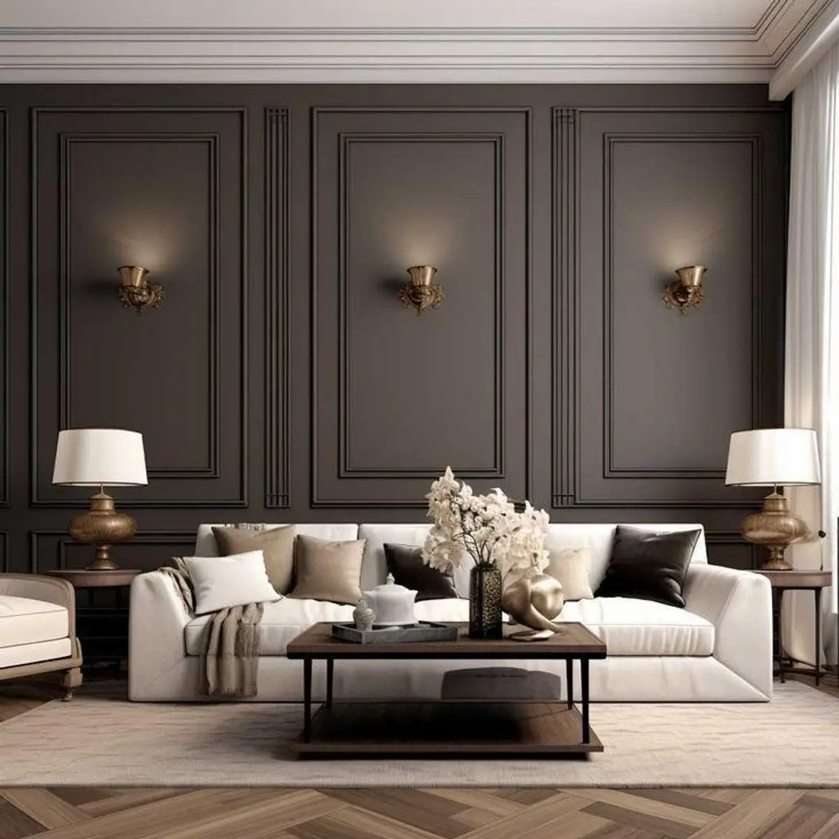 black and white traditional living room with panelling — real Indian home