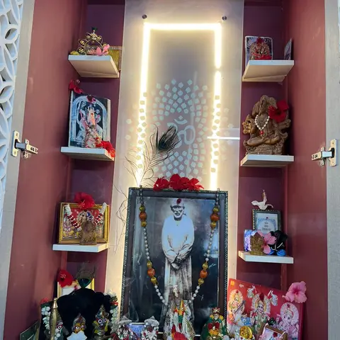 jewel tone traditional pooja room with pooja — real Indian home