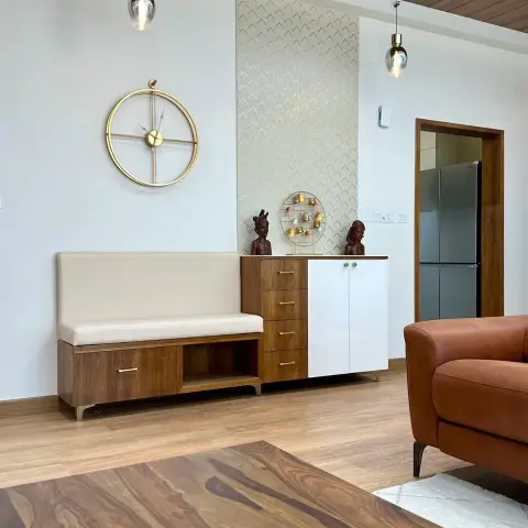 beige mid century dining room with dining — real Indian home