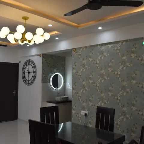 grey modern indian dining room with wallpaper — real Indian home