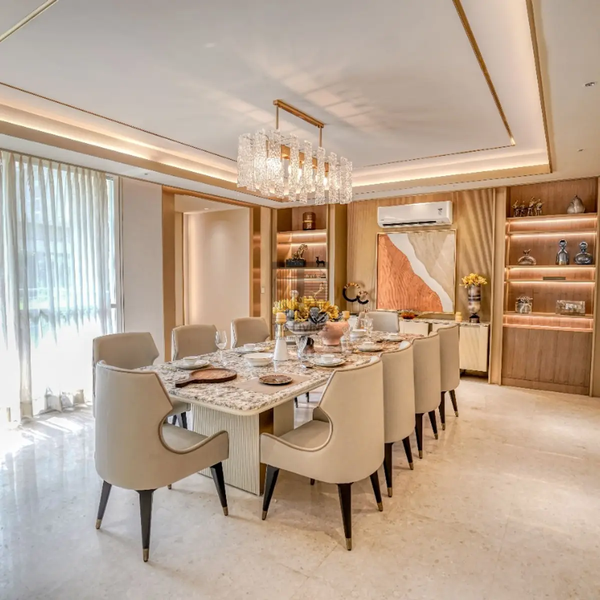 beige luxury dining room with pendant — real Indian home