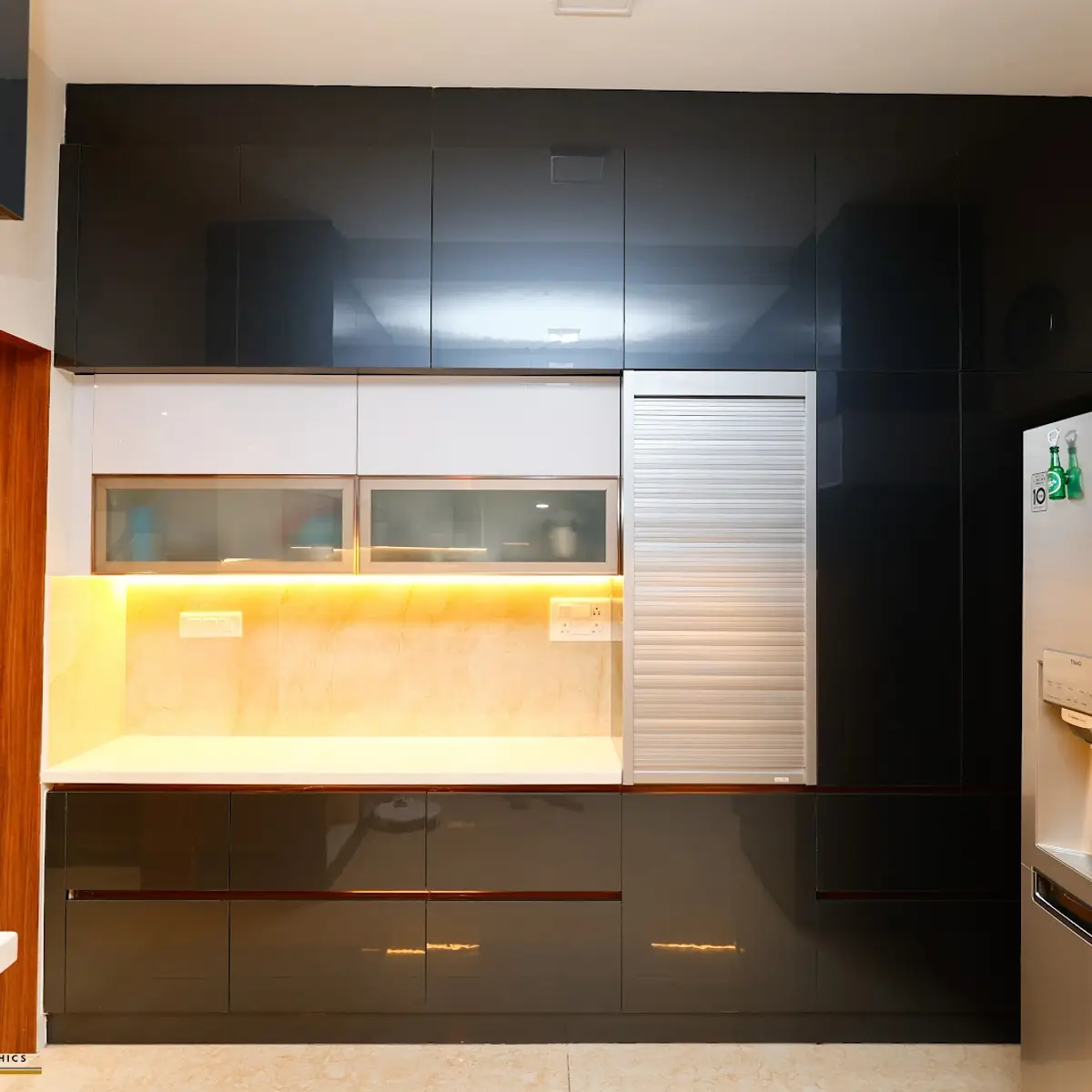 black and white modern minimalist kitchen with shutter — real Indian home